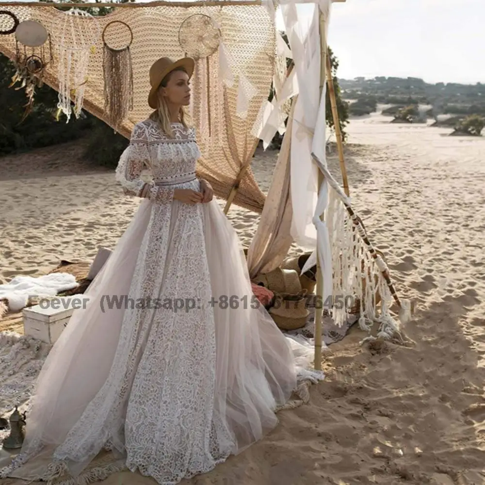 

Bohemian Lace Applique Wedding Dress Full Sleeves Backless Tulle Beach Bridal Gown A-Line Illusion Court Train Vestidos De Novia