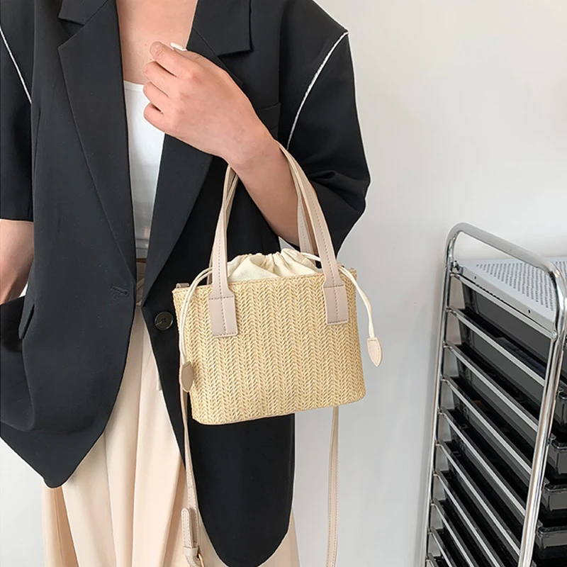 Knit Straw Bucket Tote - Woven Beach Travel Bag with Wrist Handle 5 Sdaeb18aa8eb044fd8974d2e1e56cccb9I