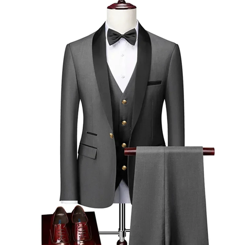 

Wedding Men Classical Business Suit 3 Pieces Set New Formal Slims Gold Button Dress Suit Tuxedo Groom Blazers Jacket Pants Vest