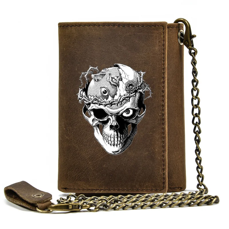 

High Quality Genuine Leather Men Wallet Anti Theft Hasp With Iron Chain Steampunk Skull Cover Card Holder Rfid Short Purse