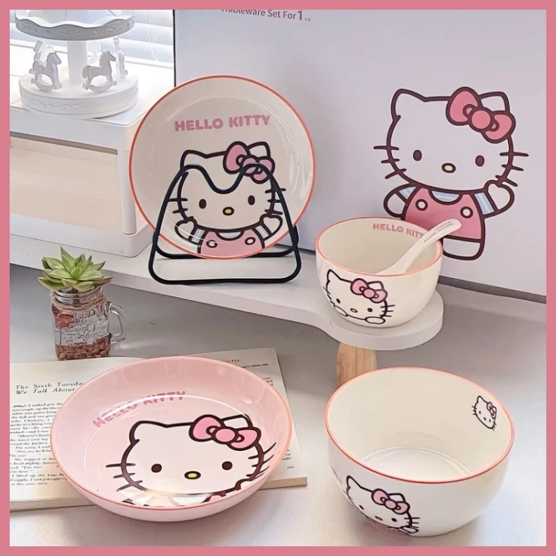 

Sanrio Tableware Hello Kitty Bowl Spoon Plate Cartoon Kawaii Ceramic Tableware Kitchen Utensil Set Food Storage Household Gifts