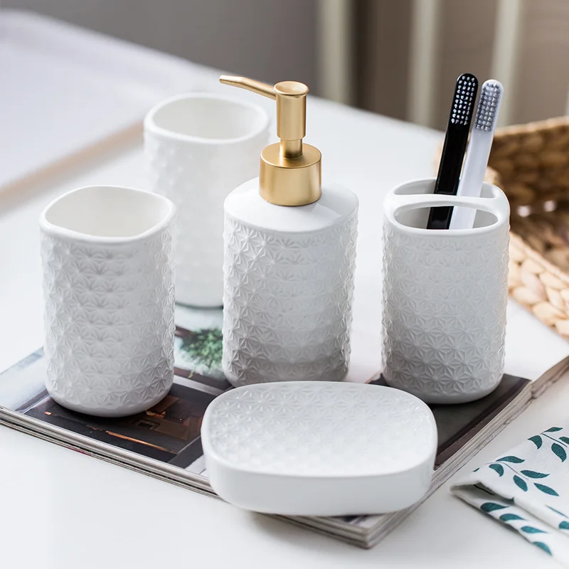 

Ceramic Bathroom Wash Set of Four Bathroom Accessories Mouthwash Cup Toothbrush Holder Housewarming Gift Hotel Toiletries Set
