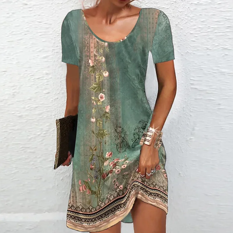 2023 Women's casual comfortable and fashionable short sleeved dress summer new mid length printed round neck A-line dresses
2023 Women's casual comfortable and fashionable short sleeved dress summer new mid length printed round neck A-line dresses