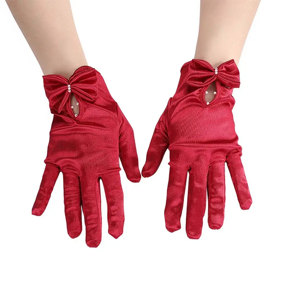 

Korean Women Prom Dinner Gloves Pearl Red Hand Sleeve Satin Mittens Wedding Bridal Gloves Women Gloves Bow Gloves