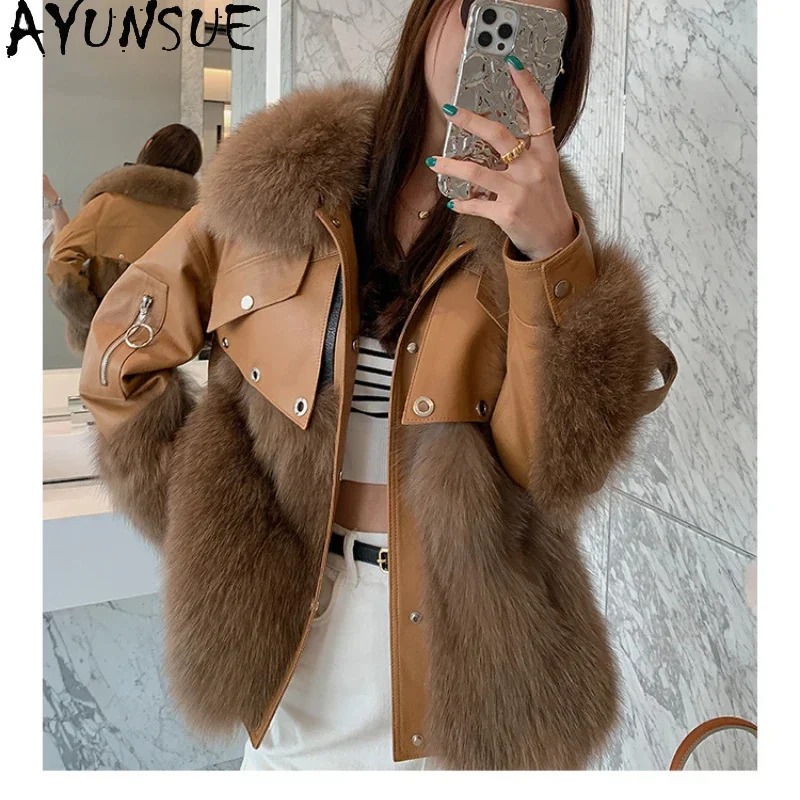 

Genuine AYUNSUE Sheepskin Leather Jacket Women 2024 Winter 90% White Duck Down Coats Real Fox Fur Coat Fashion Loose Jackets