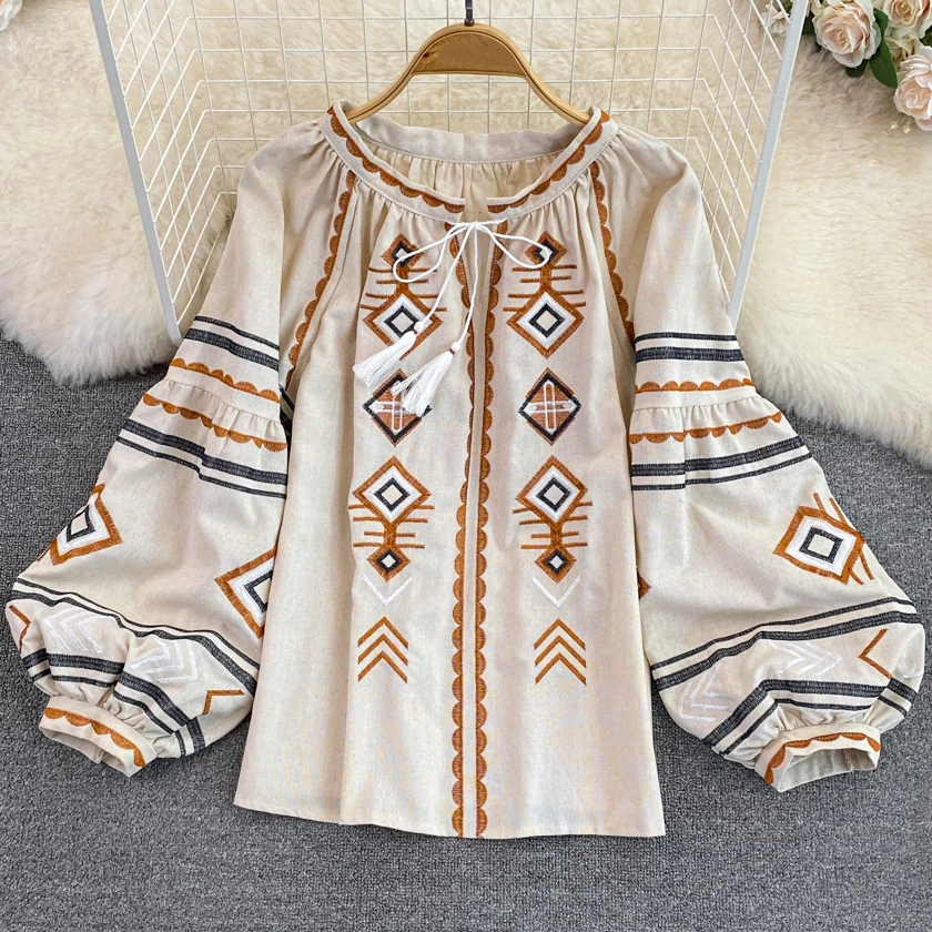 

TEELYNN Boho Lantern Long Sleeve Blouses Shirts for Women Tops Vintage Ethnic Embroidery Loose Blouse Autumn Beach Ladies Blusas