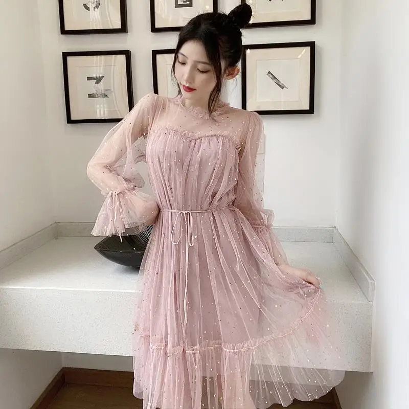 

Sweet Gauze Spliced Bandage Sequined Flare Sleeve Princess Dress Female Clothing 2024 Spring Summer New Loose Korean Midi Dress
