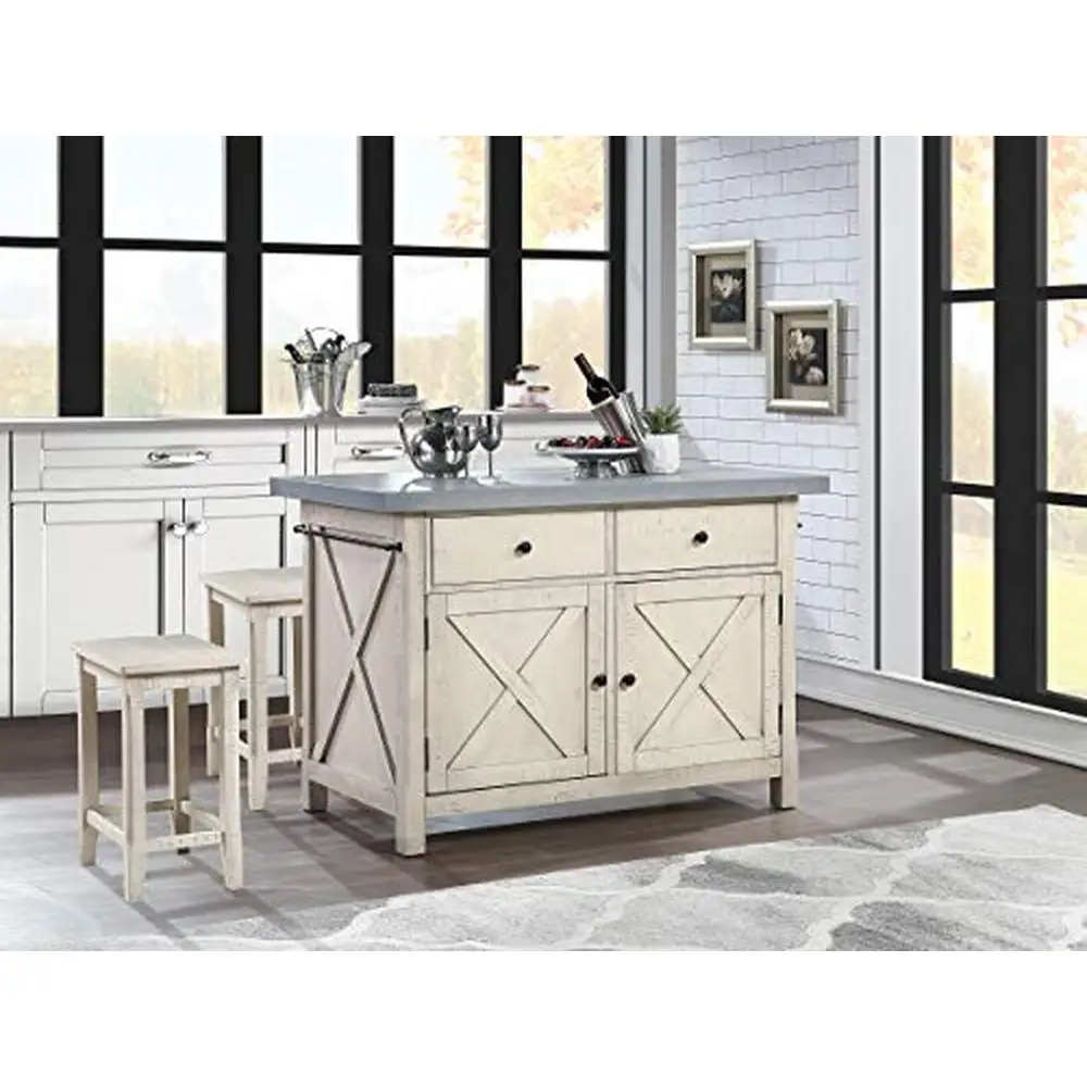 Kitchen Island with Matching Stools Solid Wood Cement Grey Top Adjustable Shelves Durable Metal Hardware 2 Drawers Floor Mount
Kitchen Island with Matching Stools Solid Wood Cement Grey Top Adjustable Shelves Durable Metal Hardware 2 Drawers Floor Mount