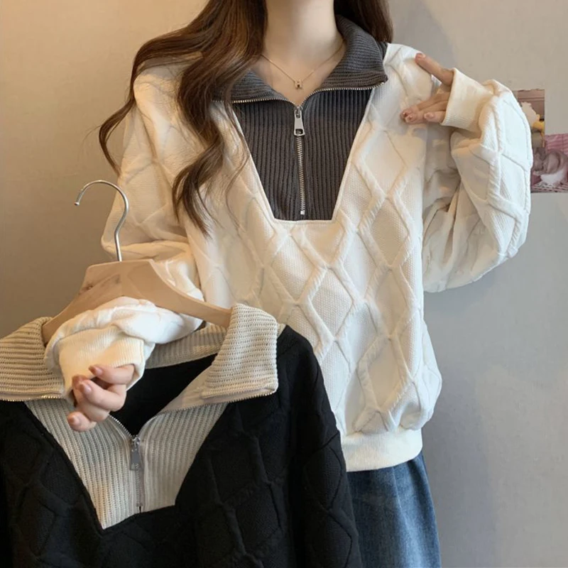 

Lazy Style Zipper Knit Pullover Women Fashion Spliced Argyle Long Sleeve Sweater Woman 2023 Autumn Winter Casual Loose Jumpers