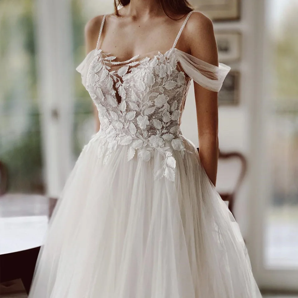 

High Quality Wedding Dresses For Women Square Collar Spaghetti Straps Bride Dress Backless Sweep Train A-Line Robe De Mariée