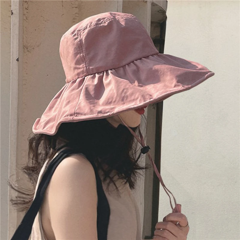 

Шляпа Женская Солнцезащитная тонкая с широкими полями, корейский стиль, шляпа рыбака с защитой от солнца, чёрная резинка, на лето
