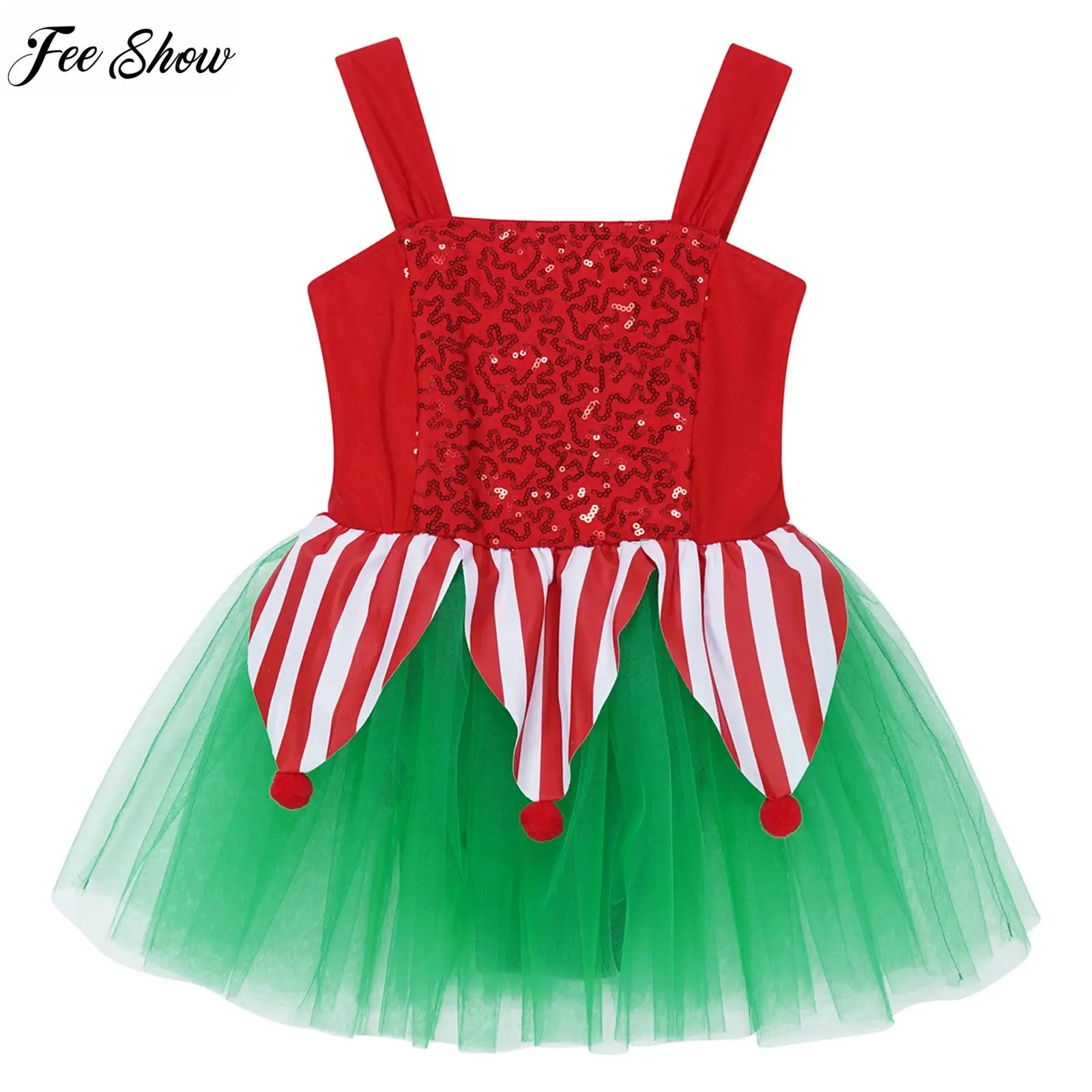 Kids Girls Shiny Sequins Dance Leotards Christmas Costumes Sleeveless Jagged Pompoms Tulle Skirt Jumpsuit for Cosplay Dancing
Kids Girls Shiny Sequins Dance Leotards Christmas Costumes Sleeveless Jagged Pompoms Tulle Skirt Jumpsuit for Cosplay Dancing