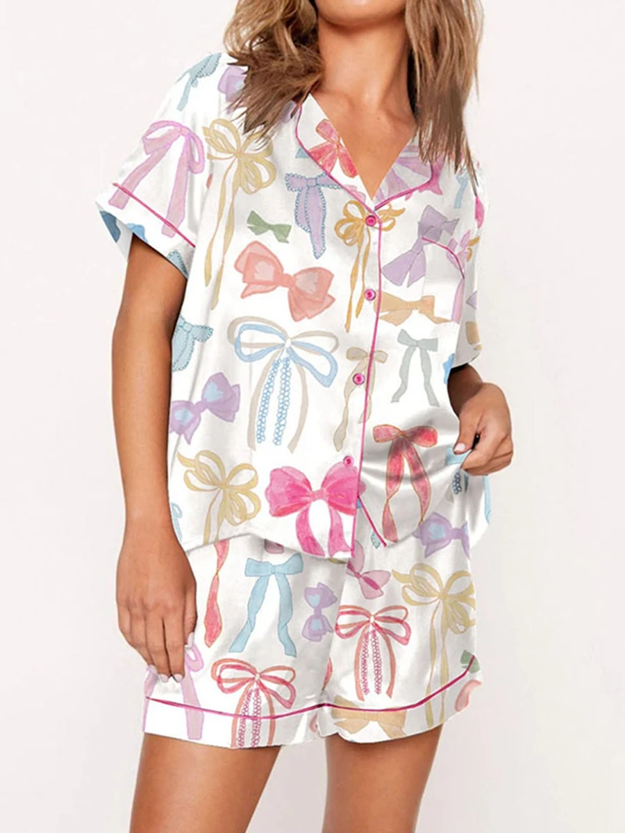 

Women 2 Piece Satin Pyjama Set Cute Bow Print Short Sleeve Shirt Loose Shorts Matching Set Summer Casual Loungewear