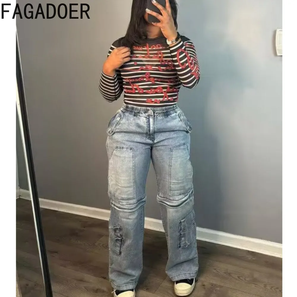 

FAGADOER Fashion Denim Pocket Cargo Pants Women High Waist Button Straight Zipper Removable Jean Trousers Casual Cowboy Bottoms