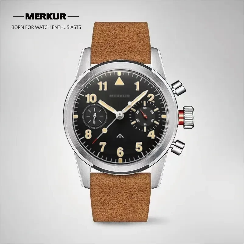 

38mm Mechanical Watch MERKUR ST1901 Watch Vintage Chronograph Watch for Men Pilot Relojes Para Hombre Leather Relogio