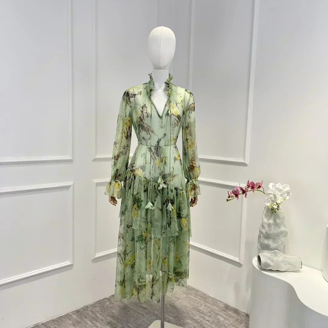 Green New 2023 Silk High Quality Ruffles Vintage Frill Botanic Print Cascading Floucing Irregular Woman Midi Dress
Green New 2023 Silk High Quality Ruffles Vintage Frill Botanic Print Cascading Floucing Irregular Woman Midi Dress