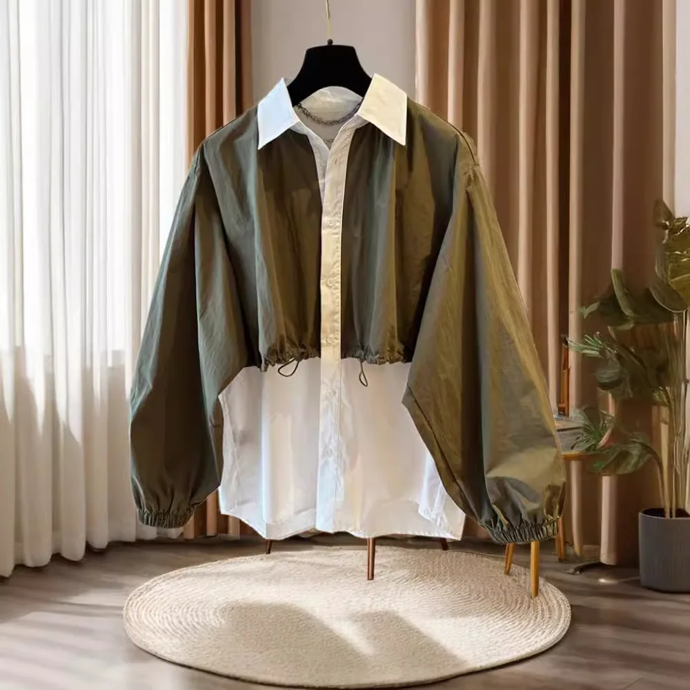 

Свободный дизайн, повседневная, контрастная цветная пэчворк, две накладные рубашки, Женская Осенняя рубашка средней длины с длинным рукавом