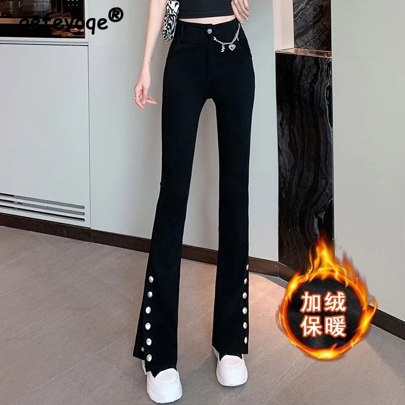 

Harajuku Y2K Black Velvet Thicken Streetwear Slim Buttons Chic Flare Pants Women Autumn Winter High Waist Split Casual Trousers