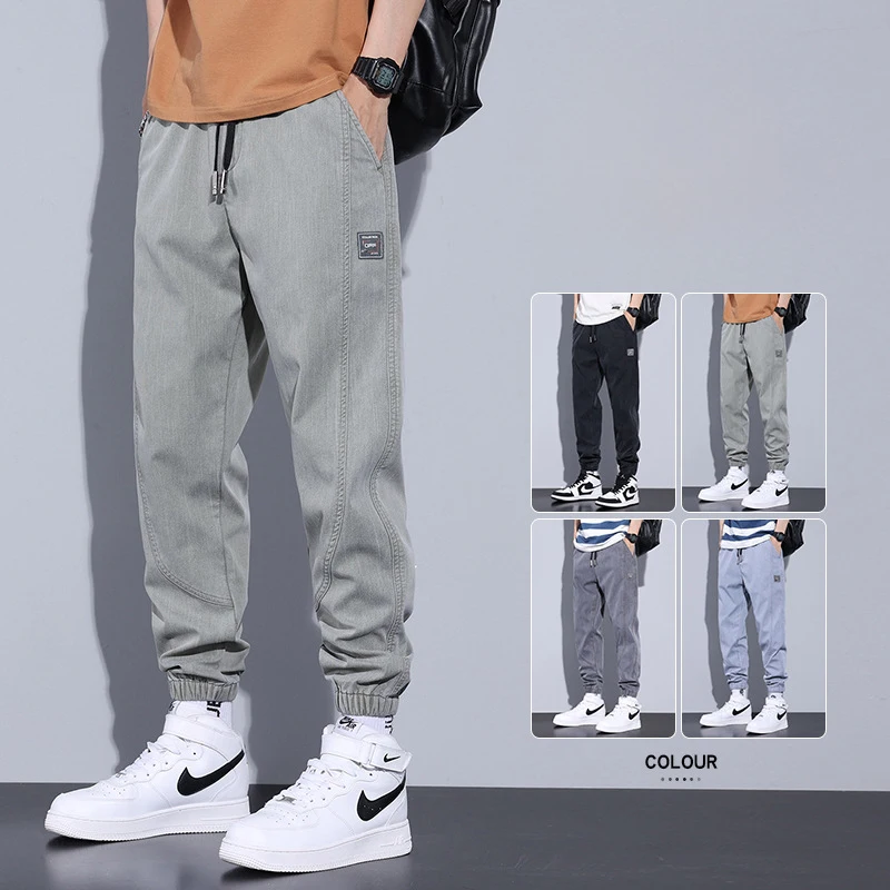 

2023 Men Casual Pants Cotton Beam Feet Loose Jeans Thin Elastic Drawstring Waist Cargo Trousers Streetwear Denim Jogger Pants