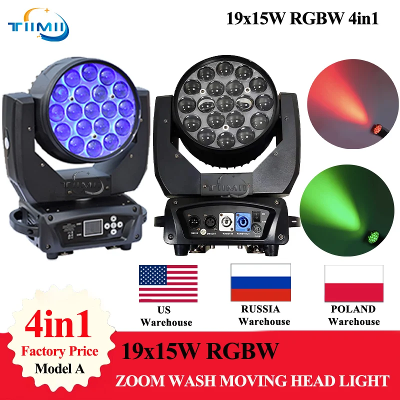 

1~12pcs Cases LED Beam Light 19X15W Zoom Wash Light RGBW 4in1 Moving Head Lyre Beam Professional DJ Disco Lights For Stage