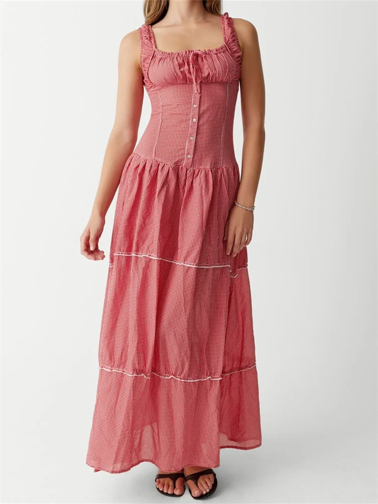 

CHRONSTYLE женское летнее длинное платье без рукавов, повседневное клетчатое платье с оборками, коктейльное пляжное уличное платье с рюшами