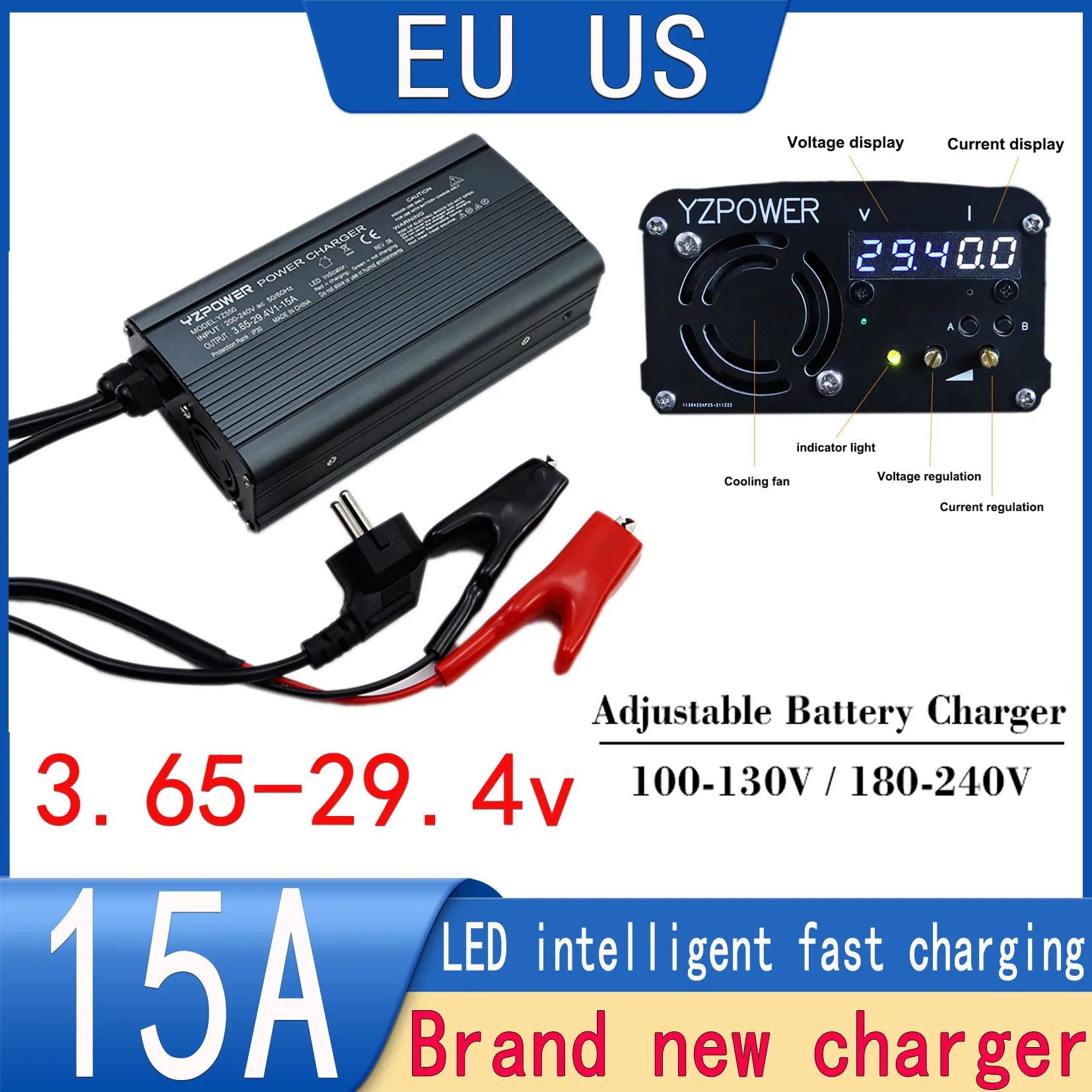 3.65V 14.6V 29.2V 15A Lifepo4 Lithium Battery Charger LED Charger Adjustable Voltage 3.65-29.4V and 1-15A Current Aluminum Shell
3.65V 14.6V 29.2V 15A Lifepo4 Lithium Battery Charger LED Charger Adjustable Voltage 3.65-29.4V and 1-15A Current Aluminum Shell