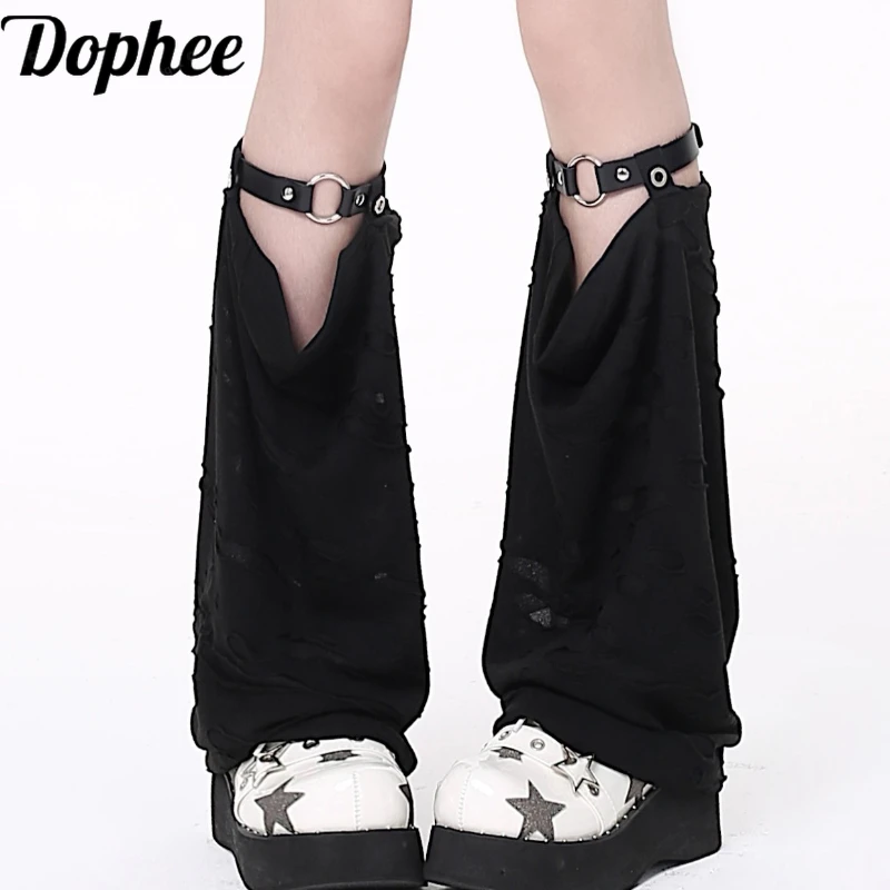 

Dophee Original Dark Punk Subculture Hole Sock Sleeves All-match Spice Girls Metal Buckle Gothic Middle Leg Warmer Black