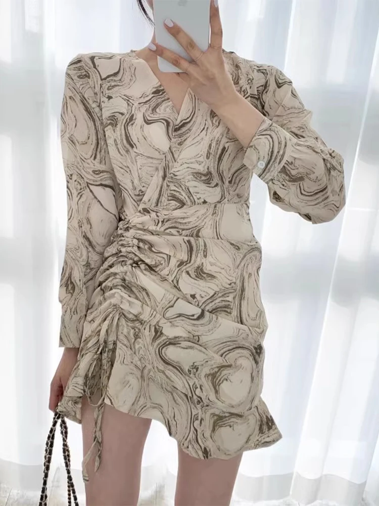 

SuperAen 2024 Korean Chic Spring Retro Printed Folded Drawstring Waist Curling Ruffle Edge Wrapped Hip Dress