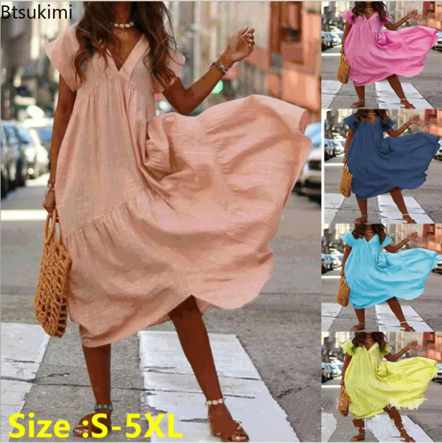 

2024 Women's Summer Bohemian Sundress Beach Dress Oversized V Neck Midi Vestidos Female Solid Ruffle Dresses Asymmetrical Robe