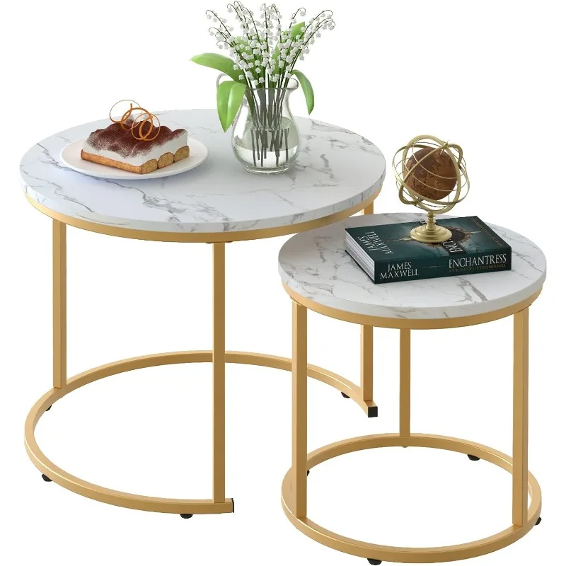 

aboxoo Coffee Table Nesting White Set of 2 Side Set Golden Frame Circular and Marble Pattern Wooden Tables