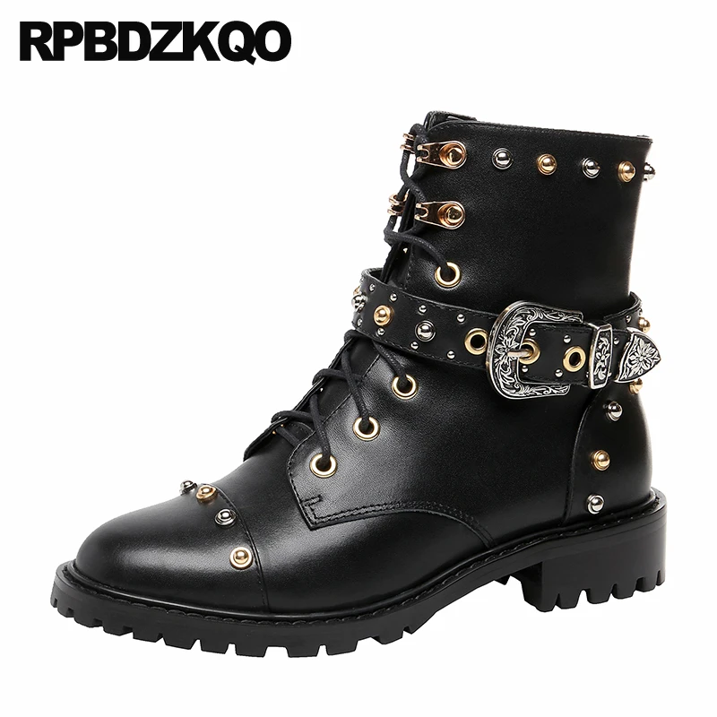 

2023 Big Size Ankle Shoes Motorcycle Biker Metal Combat Rivet Women Lace Up Flat Military Stud Punk Rock Boots Army Brand 40 41