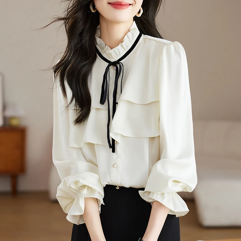 

QOERLIN Chic Ruffles Stand Collar Flare Sleeve Single-Breasted Tops Chiffon Shirts Women Elegant Casual Korean Fashion Blouse