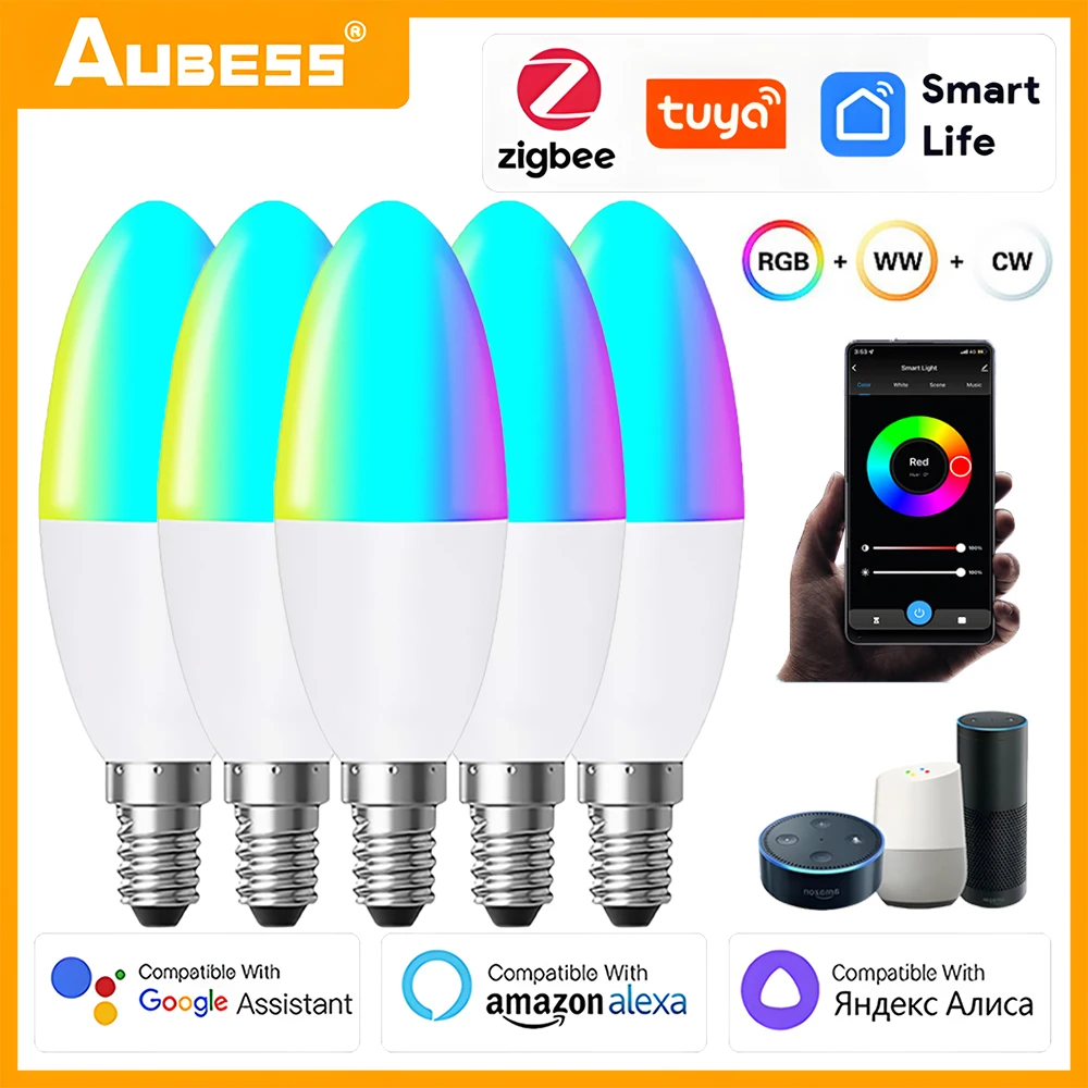 

Умная диммируемая лампа Zigbee, светодиодная лампа E14 RGB + CCT, 5 Вт, с голосовым управлением, с Alexa Google Home Яндекс Alice