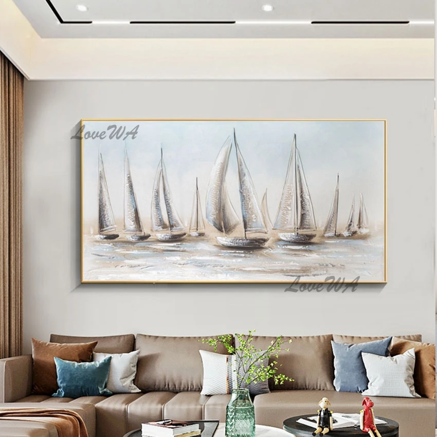

White Sailing Boats Abstract Painting Unframed Linen Canvas Art Modern Seascape 3d Picture Beautiful Scenery Wall Hot Selling