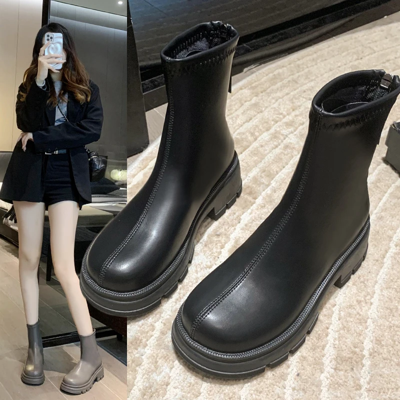 

Женские ботинки, осенние ботинки-женские ботинки челси на молнии, на плоской подошве, с круглым носком, 2023, в Стиле Лолита, кожаные ботинки средней высоты, черные, с резиновой подошвой