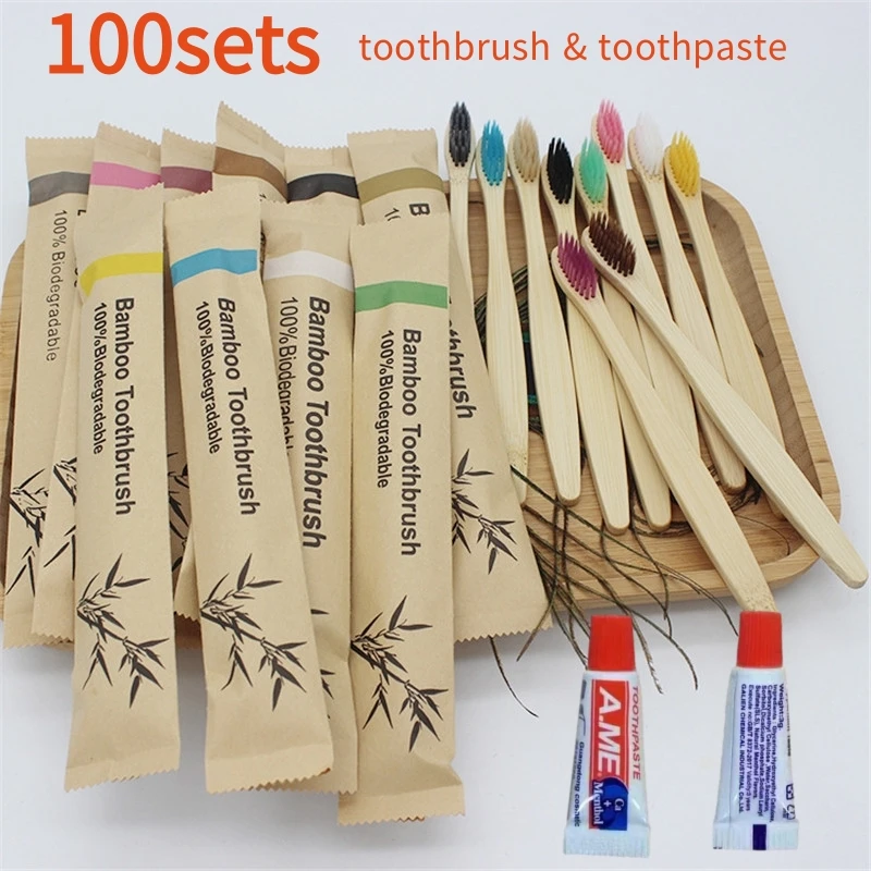 

100 set Soft Bristles Bamboo Toothbrush & Toothpaste Biodegradable Eco Friendly Natural Bamboo Charcoal Wooden Toothbrushes