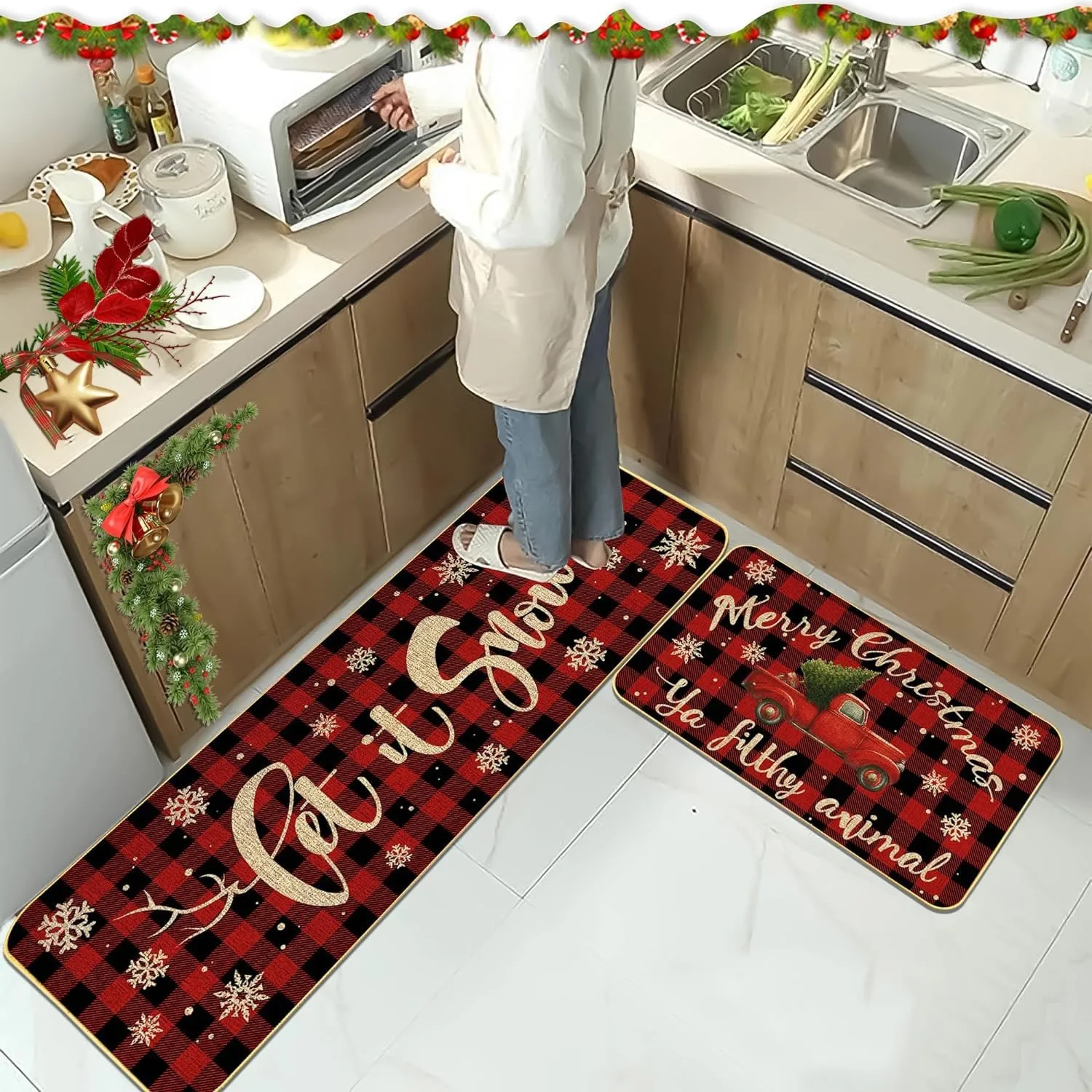 

Рождественский зимний напольный коврик, омываемый длинный ковер, снежинка, рождественская елка, Санта-Клаус, декор для гостиной, кухни, спальни