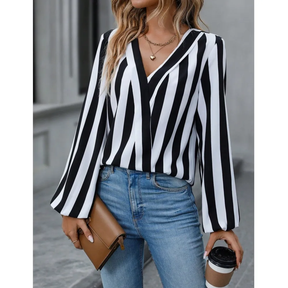 Casual V-neck Blouse Woman Spring Stripe Print Leisure Long Sleeve Slim Fitting Shirts & Blouses Elegant Female Pullover Tops
Casual V-neck Blouse Woman Spring Stripe Print Leisure Long Sleeve Slim Fitting Shirts & Blouses Elegant Female Pullover Tops