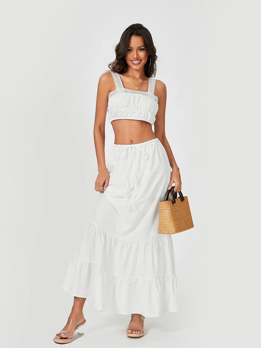 

Women Two Piece Maxi Skirt Set Y2k Sleeveless Crop Cami Top Ruffle Tiered Flowy Long Skirt Vacation Beach Outfits