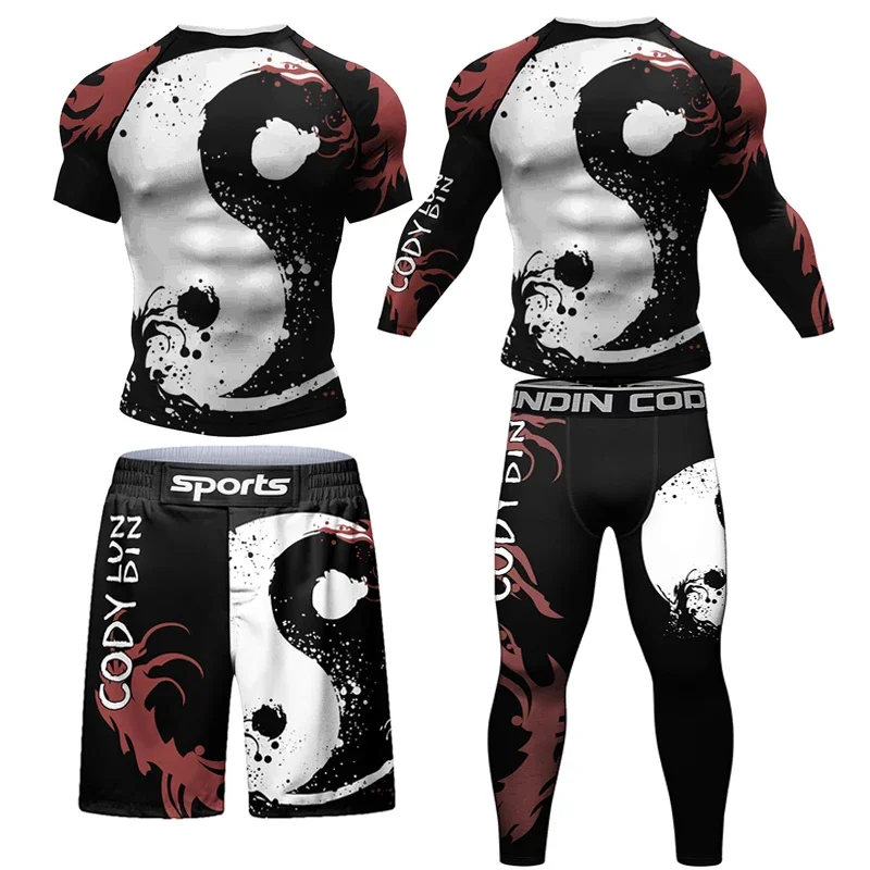 

New Jiu Jitsu Rashguard T-shirt Men MMA Shorts+Pant 4PCS/Set Brazilian Grappling Bjj Gi Boxing Rash Guard Muay Thai Sportswear