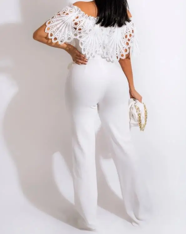 

Commuting Style Women Casual Conjoined Clothing Frill Hem Lace Patch Tied Detail Hollow-Out Sexy Off The Shoulder Jumpsuit