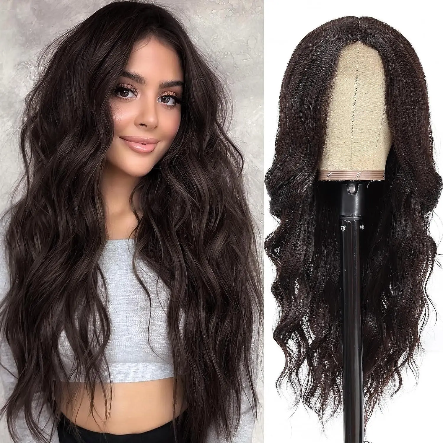 

Long Dark Brown Wavy Wig for Women, Synthetic Curly Middle Part Wig, Natural Looking, Heat Resistant Fibre, Daily Party Use, 26"