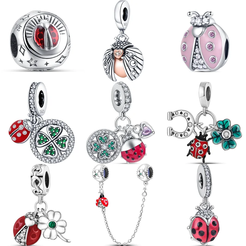 

925 Silver Ladybird Four Leaf Clover Safety Chain Pendant Cute DIY Lucky Beads Fit Original Pandora Charms 925 Bracelet Jewelry