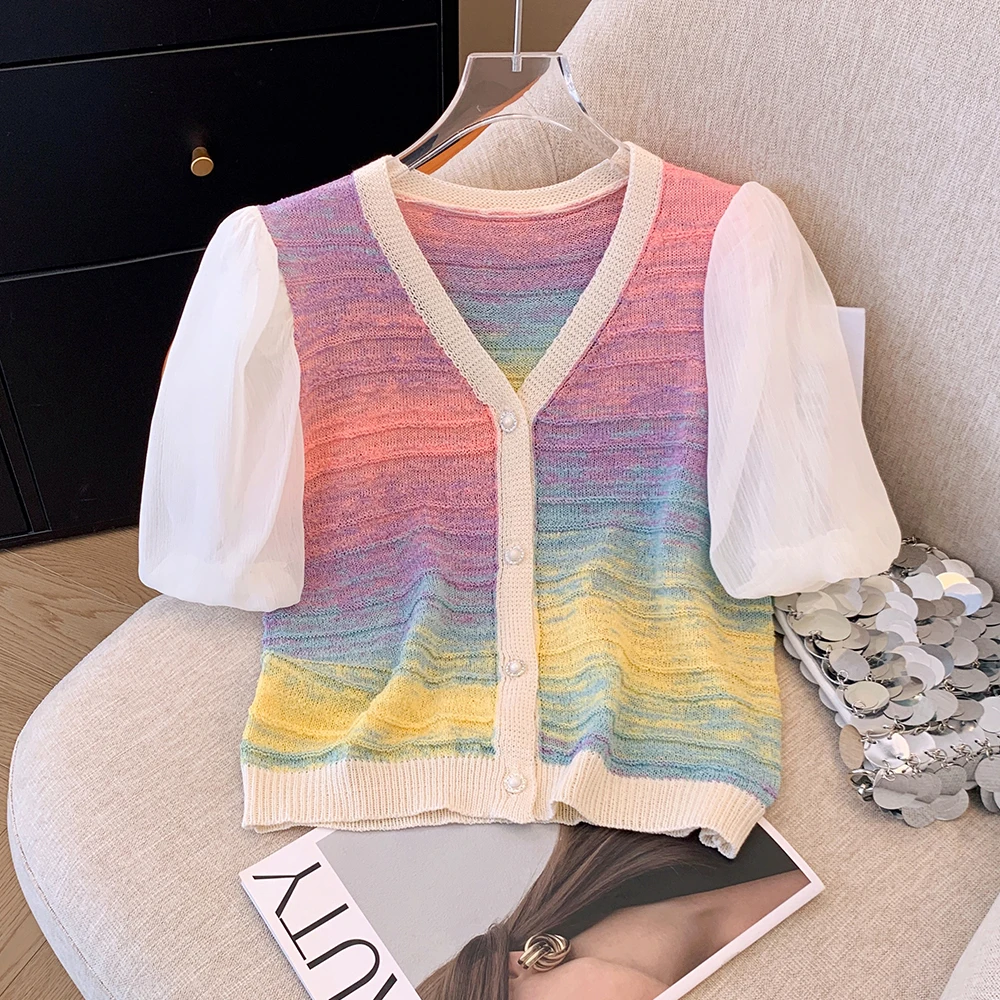 

Sweet Rainbow Striped Knitted Cropped Cardigan Women's 2024 New Summer V-neck Bubble Short Sleeve Sweater Spliced Knitwear Tops