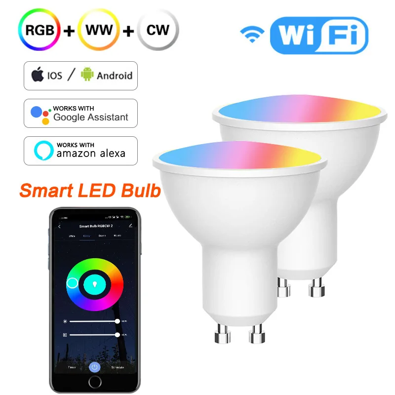 

Smart WiFi LED Bulb GU10 RGB 5W Lamp Equivalent 50W Ambiance Sport Track Lighting Tuya Alexa Google Assistant Remote Control 2P