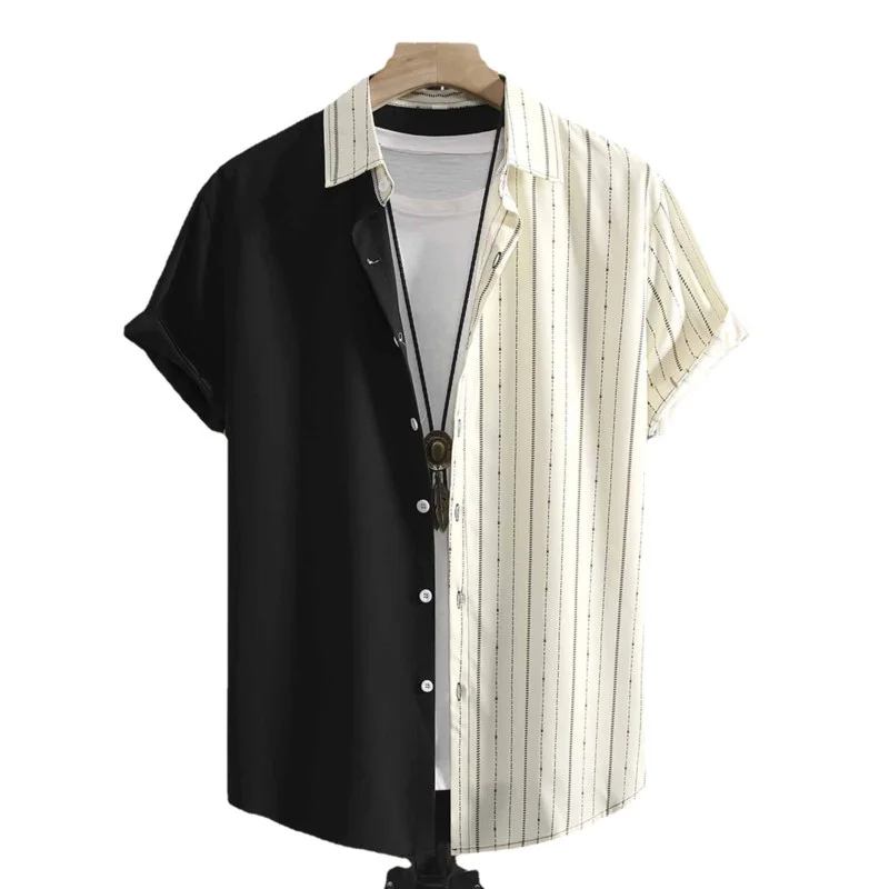 Мужская гавайская рубашка в полоску, с коротким рукавом и воротником-стойкой
Мужская гавайская рубашка в полоску, с коротким рукавом и воротником-стойкой