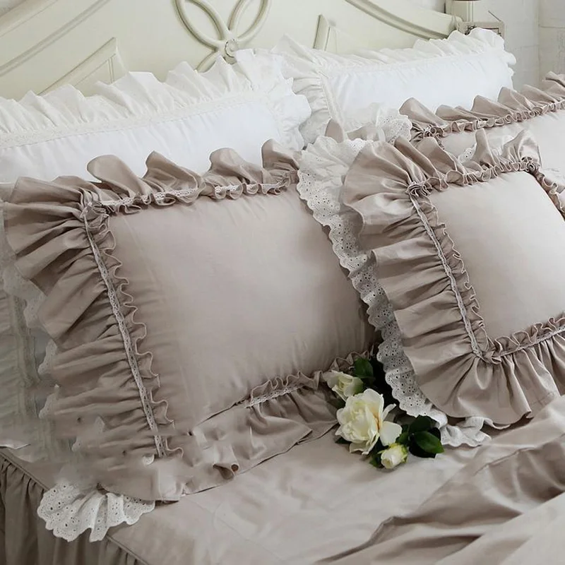 

100% Cotton Ruffle Pillow Shams Euro Embroidery Pillowcase with Ruffle Cotton Shabby Chic Rustic Pretty Vintage Bed Pillow Cases