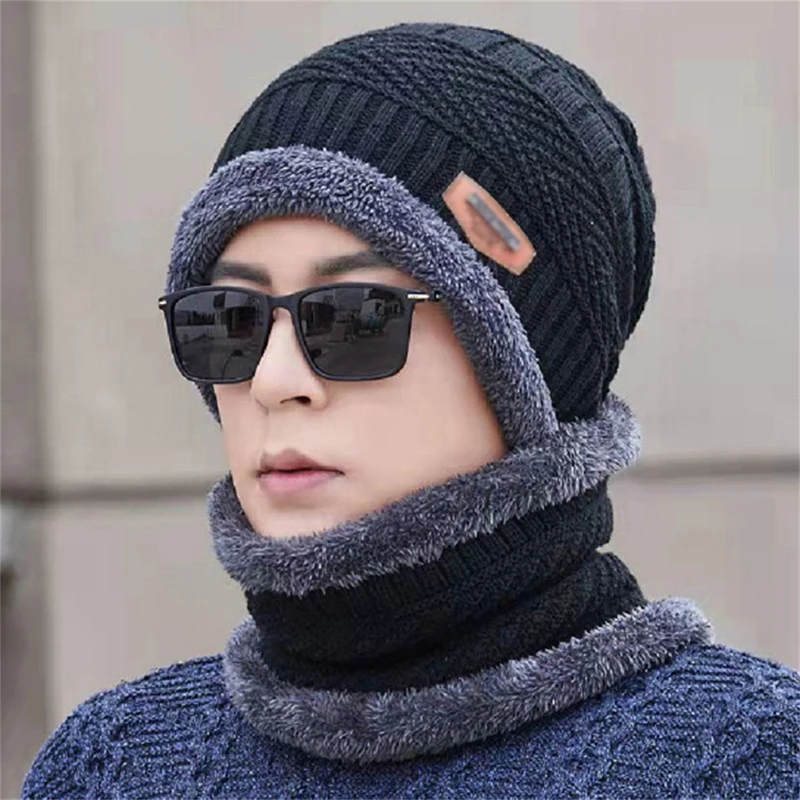 

New Knit Fleece Scarf Winter Hat Soft Men And Women Beanie Warm Hat Thickening Plus Velvet Loose Winter Hat With Scarf