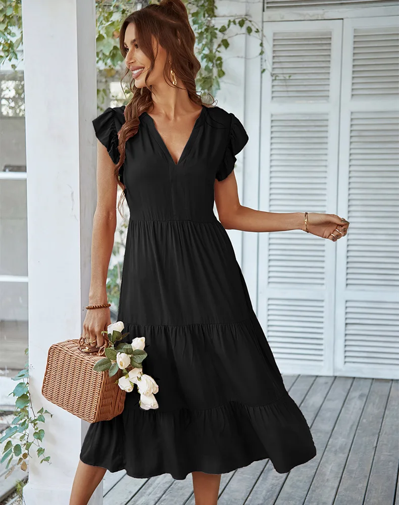 New Women's Spring Summer Leisure Vacation A Line Dress V Neck Sexy Flying Sleeve Solid Color Dresses New Women's Spring Summer Leisure Vacation A Line Dress V Neck Sexy Flying Sleeve Solid Color Dresses