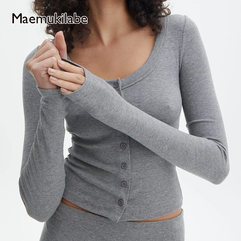 

Maemukilabe Autumn Spring Cropped Tops Women Button Up O Neck Rib Knitted Long Sleeve Tee Female Casual Basic Slim Fit T-shirt